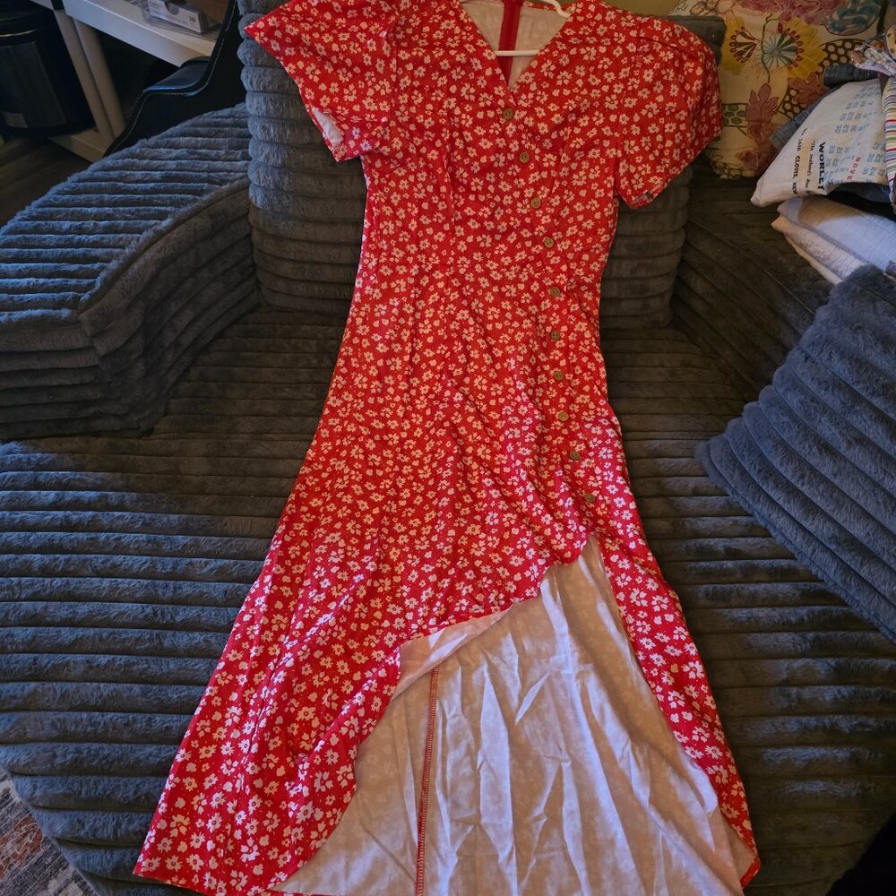 Red Sweetheart Neck Ditsy Floral Slit Dress 1940's